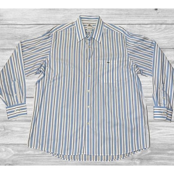 Lacoste Men's Size 46 Blue & White Striped Alligator Logo L/S Button Down Shirt - Picture 1 of 6